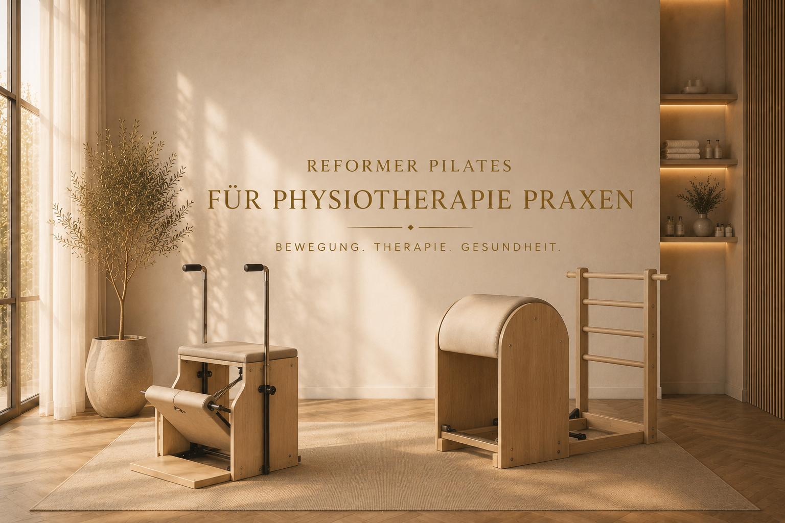 Pilates Reformer von The Virtù Line in einem hellen Physiotherapie- und Reha-Raum