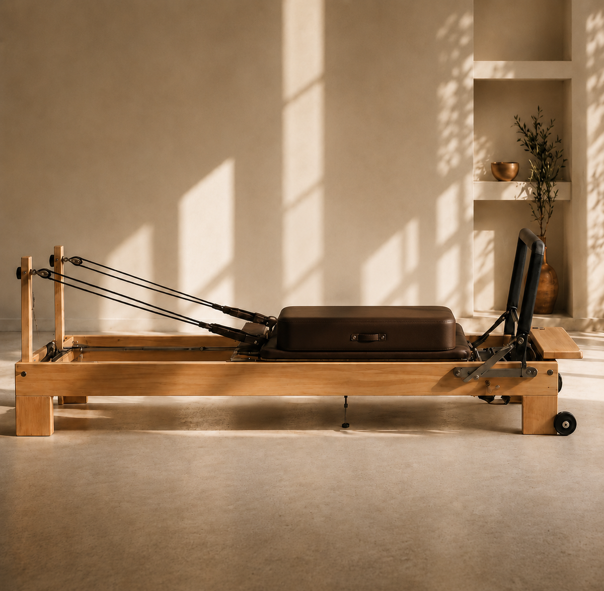 Pilates reformer by The Virtù Line — wooden frame with leather upholstery