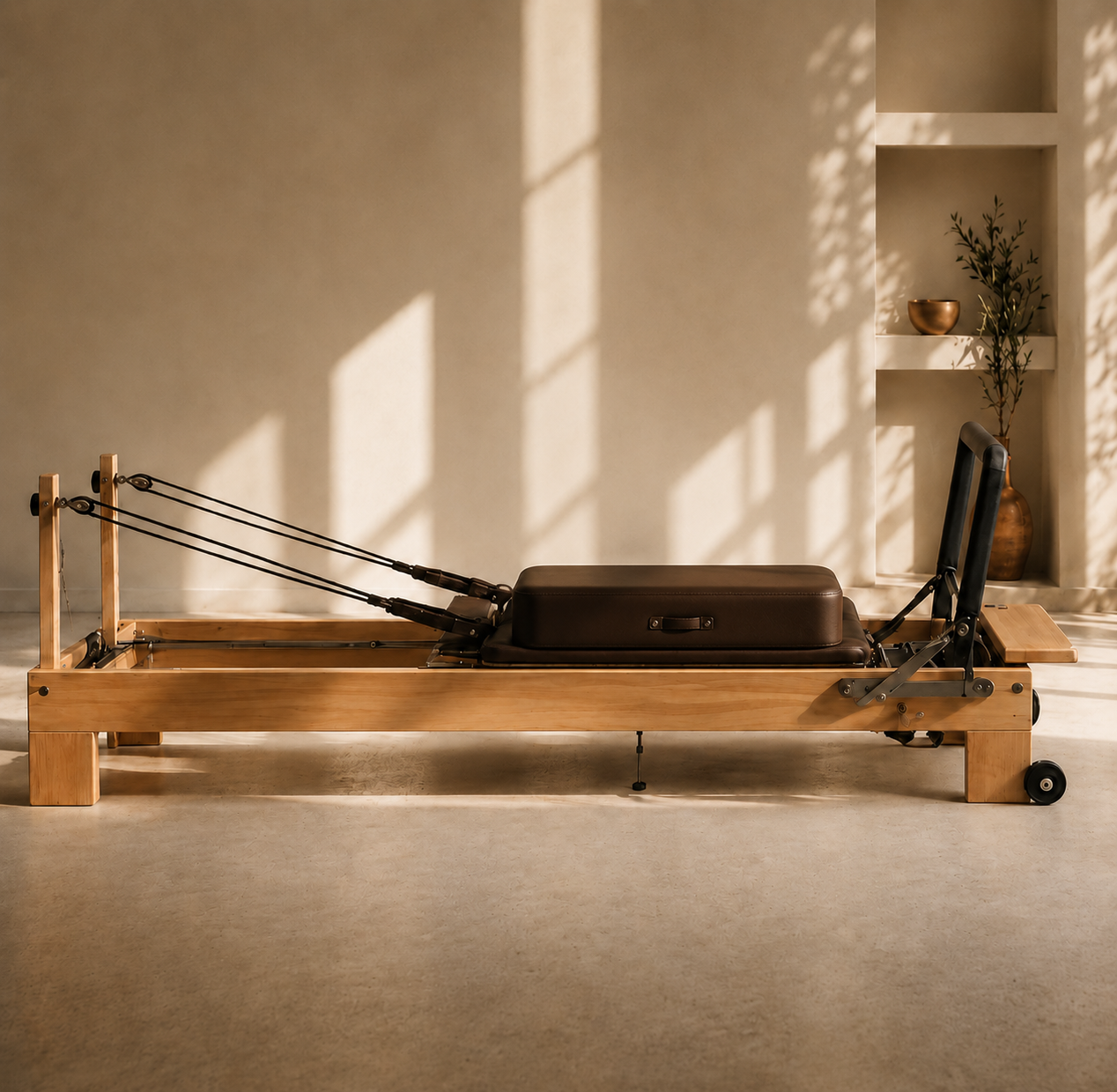 Premium Pilates Reformer im Atelier von The Virtù Line — Holzkonstruktion mit Lederpolster