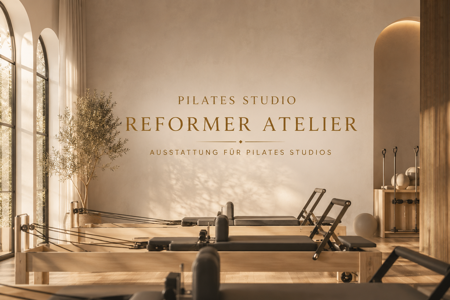 Pilates-Studio mit mehreren Reformern und Cadillac von The Virtù Line — Holzmodelle in Studio-Atmosphäre
